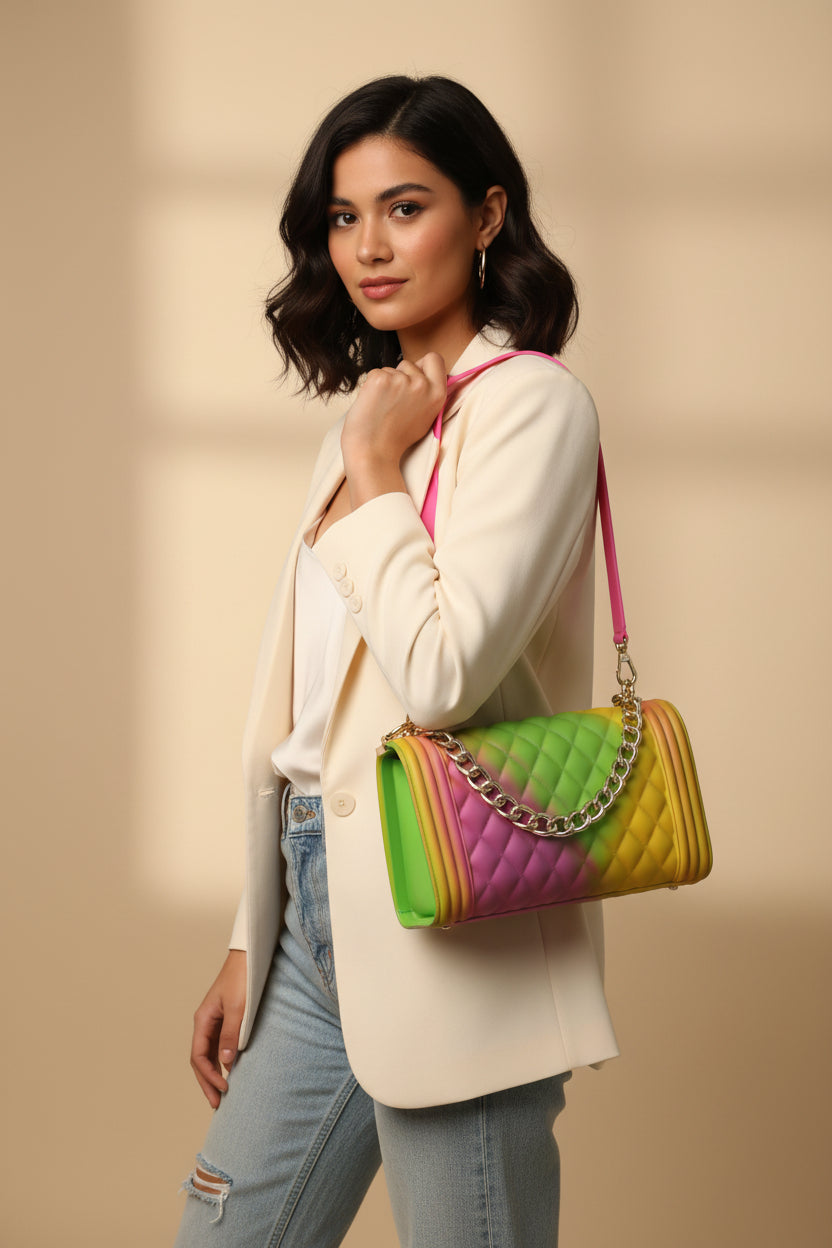 Rainbow Quilted Jelly Crossbody Bag – Chanel-Inspired Style (Used)