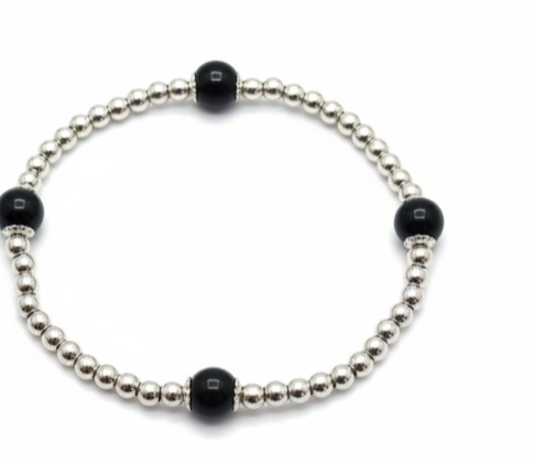 Silver Beaded Stretch Bracelet with Black Onyx Accent Beads