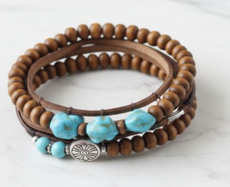 3-Piece Boho Bracelet Set – Wood, Leather & Turquoise
