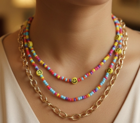 3-Layer Smiley Face Bead & Gold Chain Necklace Set