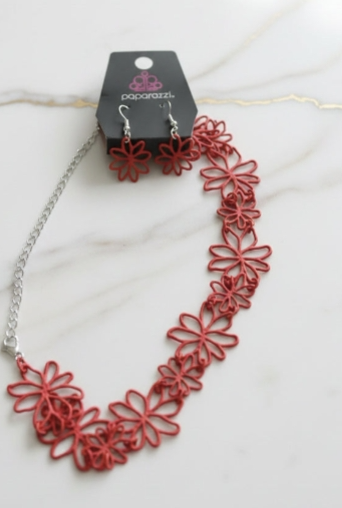 Paparazzi Red Flower Filigree Necklace & Earring Set