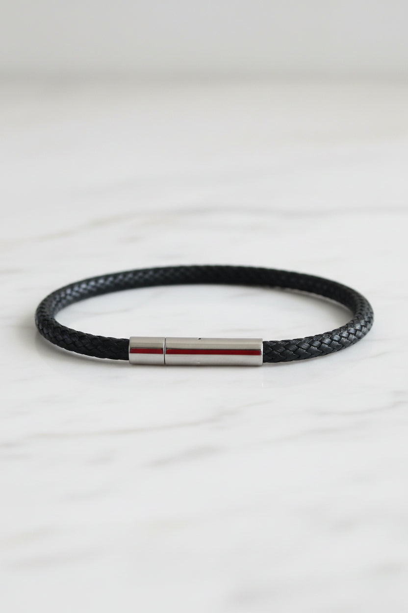 Black Braided Leather Bracelet with Magnetic Clasp