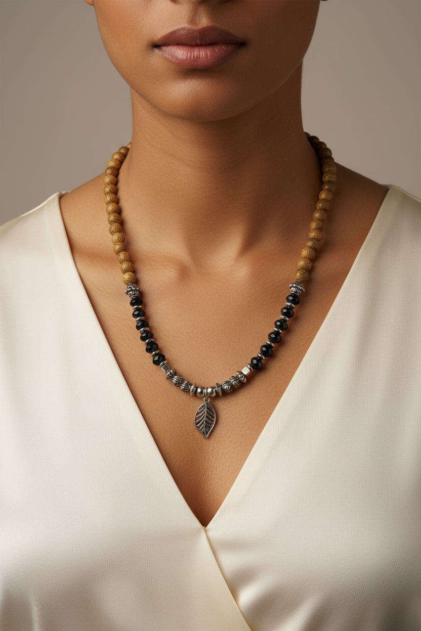 Paparazzi Black Wooden & Silver Beaded Necklace – Slightly Used