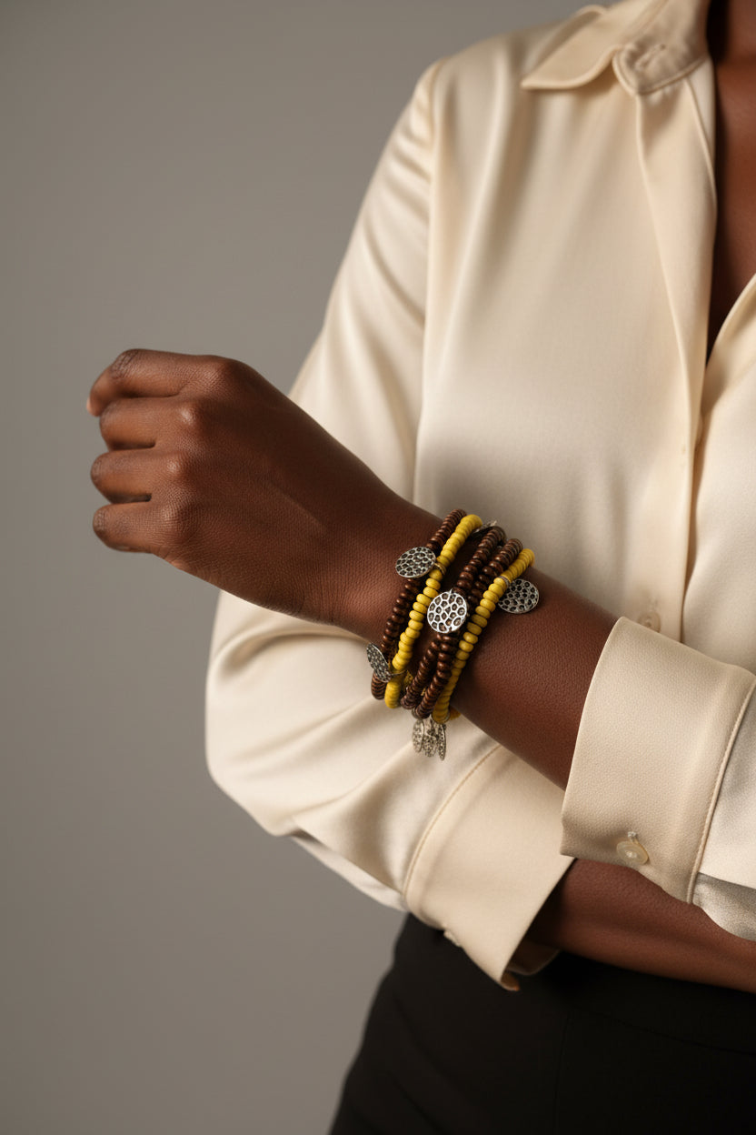 4-Piece Silver Charm Beaded Bracelet Set – Black & Yellow
