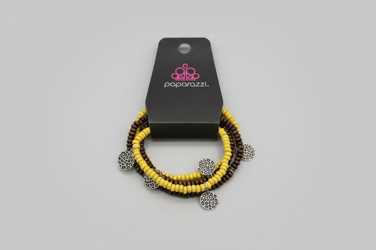 4-Piece Silver Charm Beaded Bracelet Set – Black & Yellow
