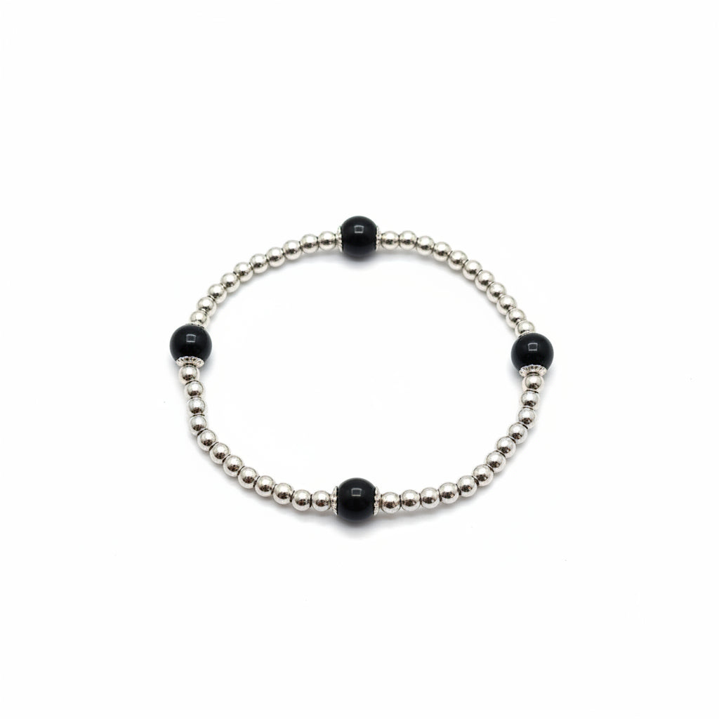 Silver Beaded Stretch Bracelet with Black Onyx Accent Beads