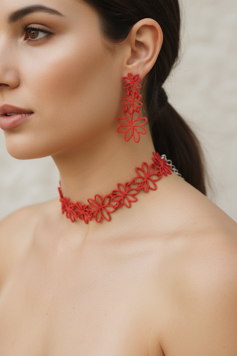 Paparazzi Red Flower Filigree Necklace & Earring Set